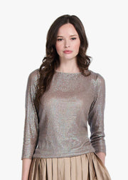 STRETCH SEQUIN 3/4 SLEEVE BALLET NECK TOP SUNTAN