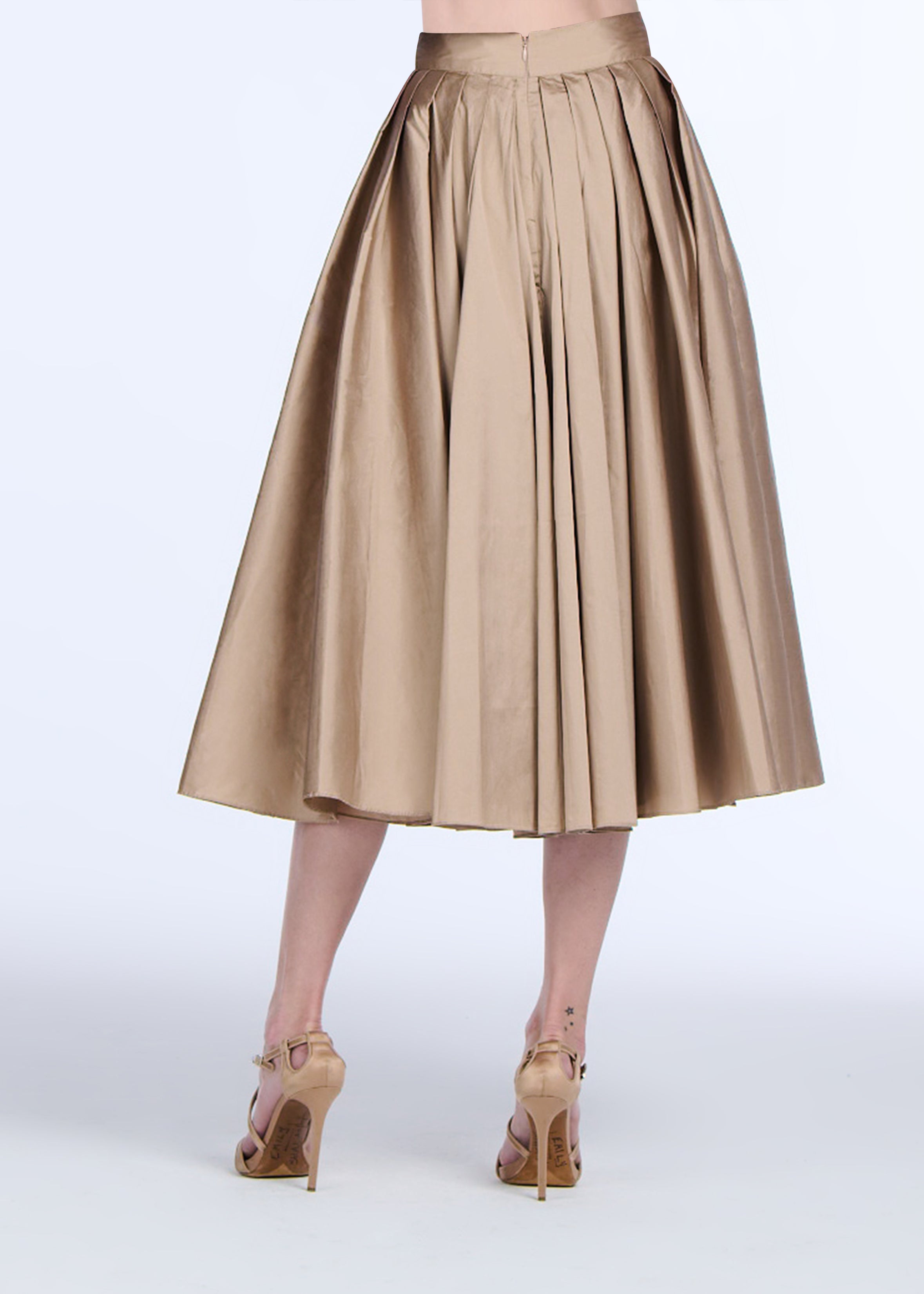 TEA LENGTH PLEATED SOFT TAFFETA MIDI SKIRT SUNTAN | Emily Shalant