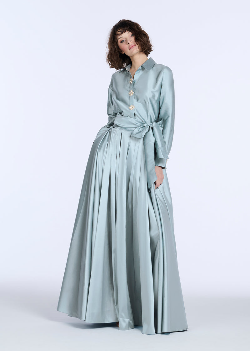 TAFFETA BLOUSE WITH RENAISSANCE PEARL BUTTONS LIGHT BLUE