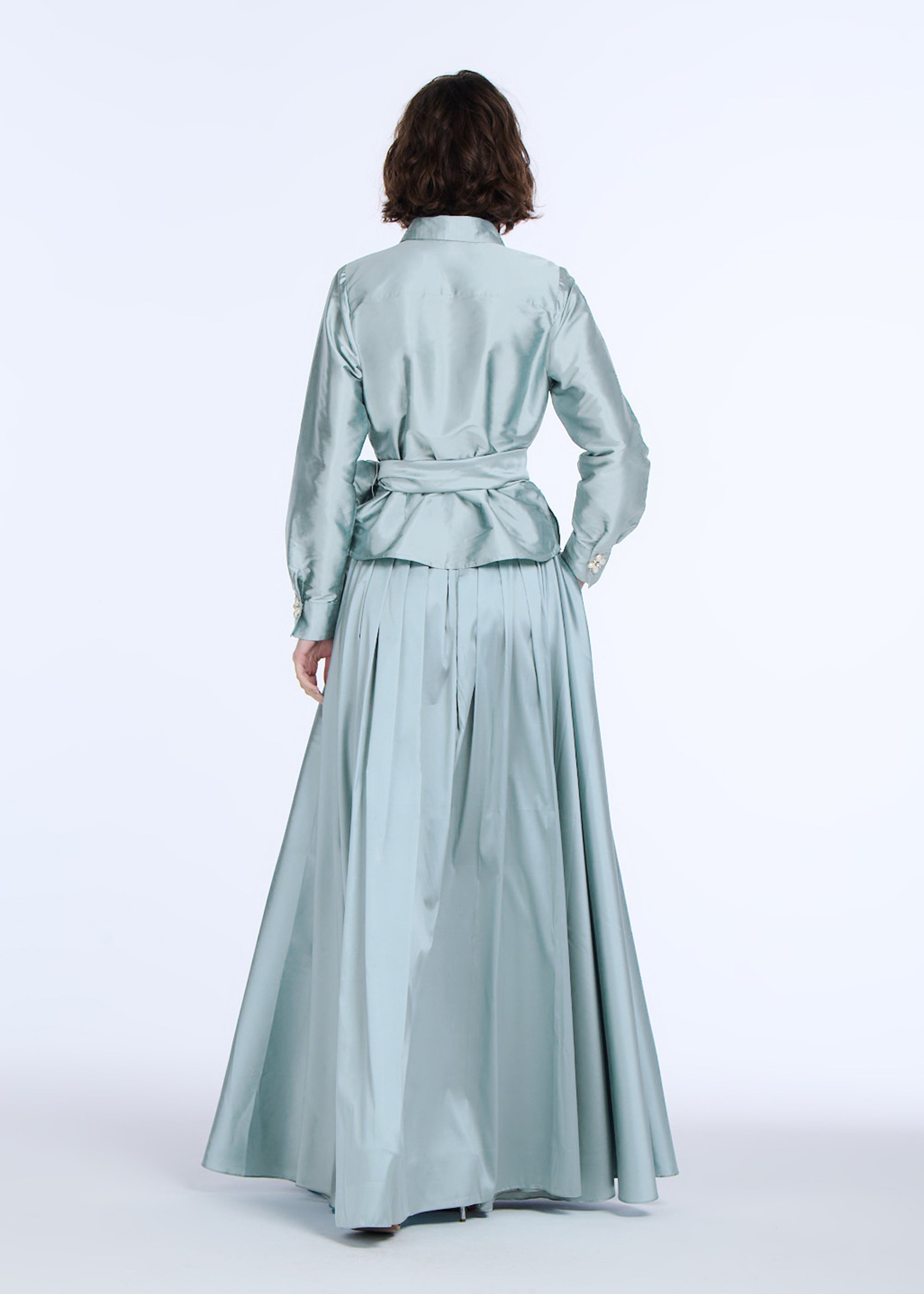 TAFFETA BLOUSE WITH RENAISSANCE PEARL BUTTONS LIGHT BLUE
