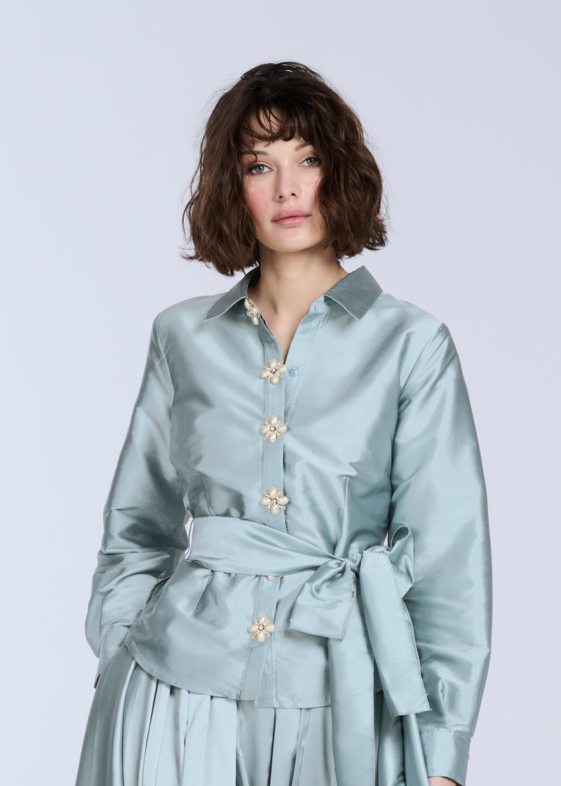 TAFFETA BLOUSE WITH RENAISSANCE PEARL BUTTONS LIGHT BLUE