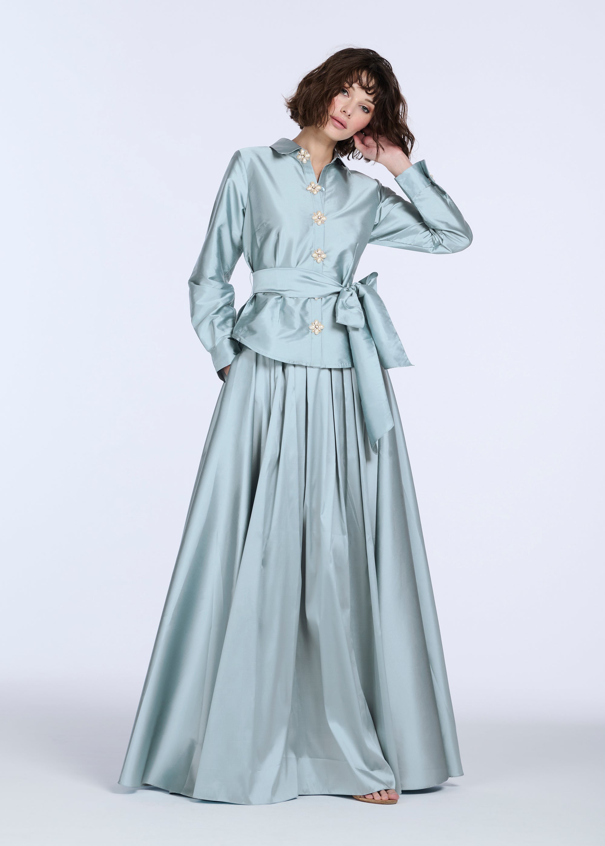 TAFFETA BLOUSE WITH RENAISSANCE PEARL BUTTONS LIGHT BLUE