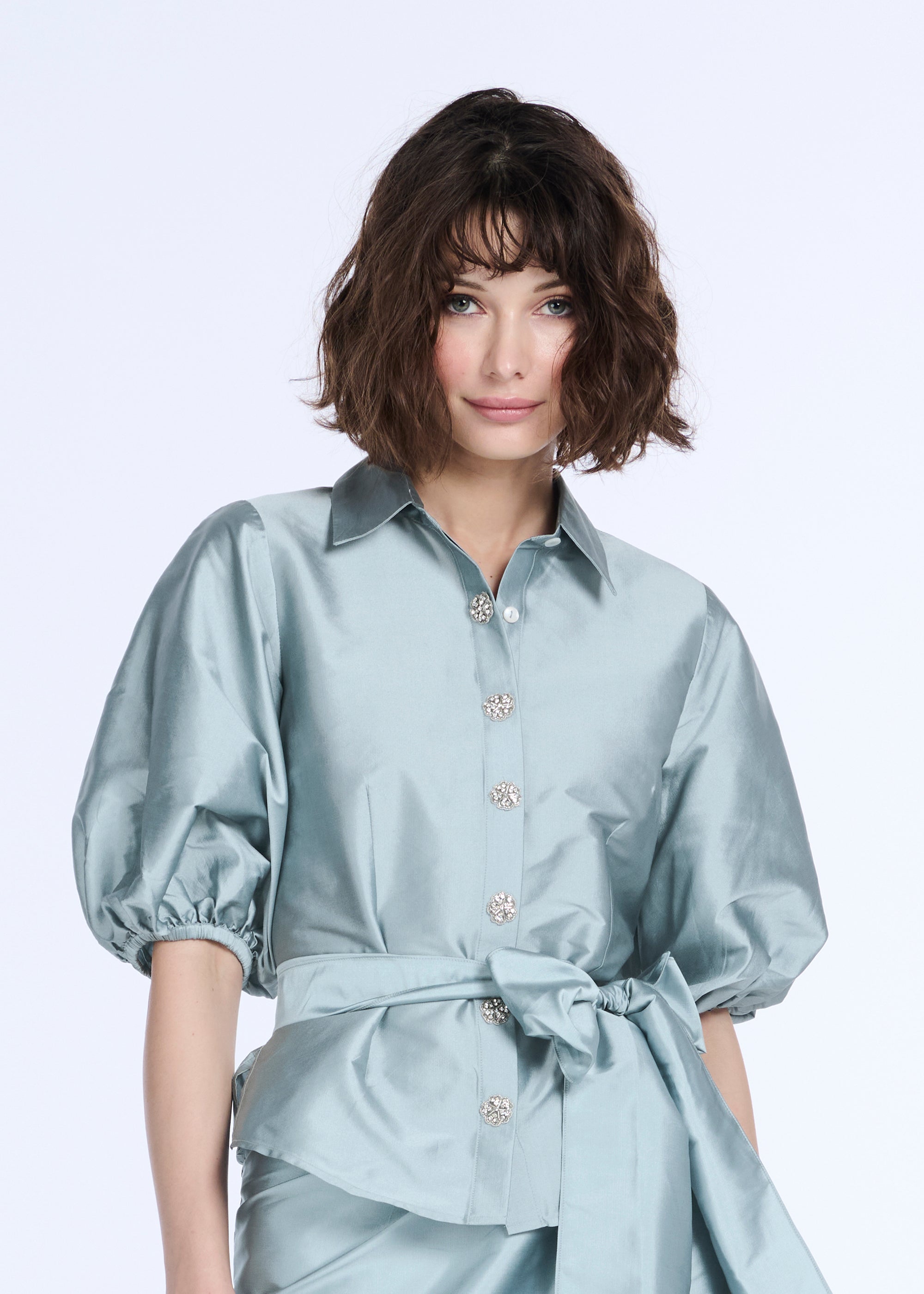 PUFF SLEEVE BLOUSE WITH FLORAL MEDALLION BUTTONS LIGHT BLUE The