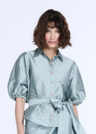 PUFF SLEEVE BLOUSE WITH FLORAL MEDALLION BUTTONS LIGHT BLUE