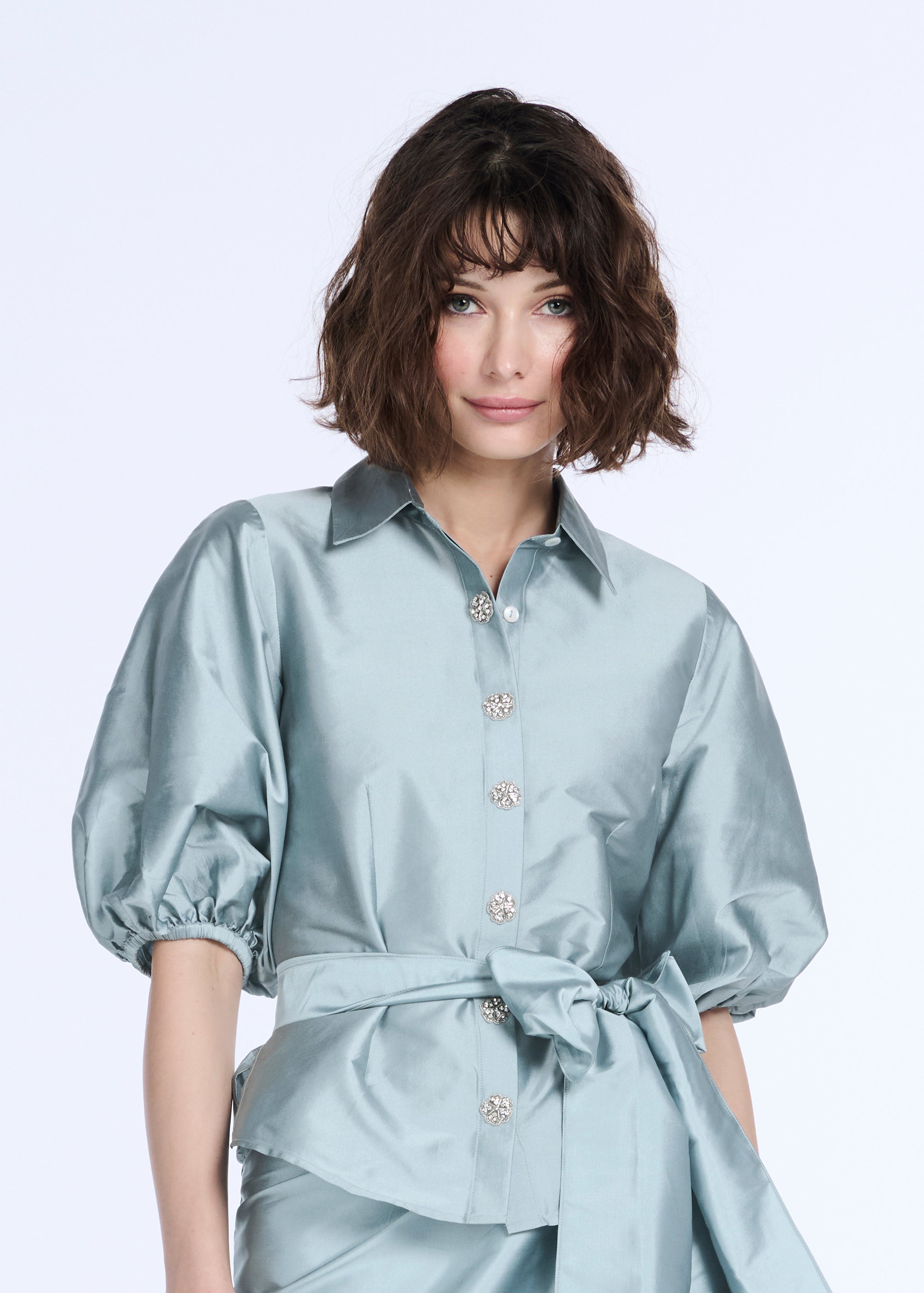 PUFF SLEEVE BLOUSE WITH FLORAL MEDALLION BUTTONS LIGHT BLUE