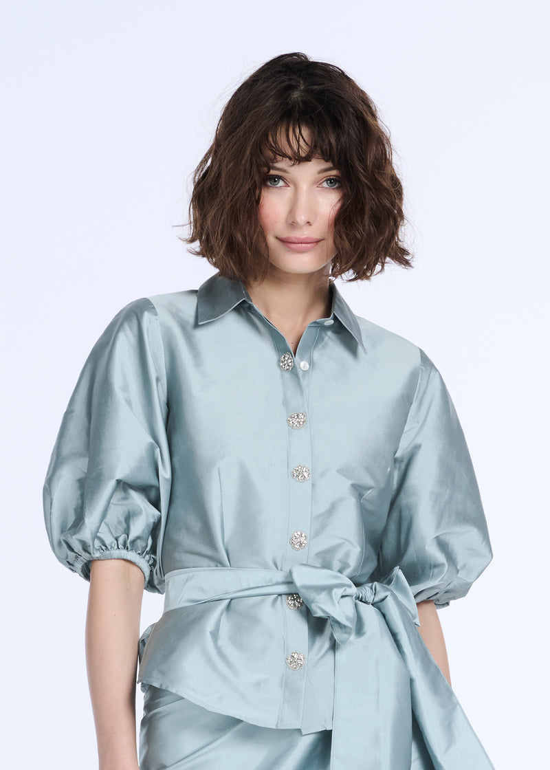 PUFF SLEEVE BLOUSE WITH FLORAL MEDALLION BUTTONS LIGHT BLUE