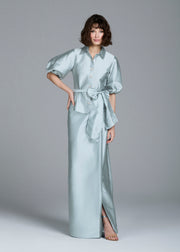 PUFF SLEEVE BLOUSE WITH FLORAL MEDALLION BUTTONS LIGHT BLUE