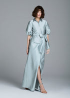 PUFF SLEEVE BLOUSE WITH FLORAL MEDALLION BUTTONS LIGHT BLUE