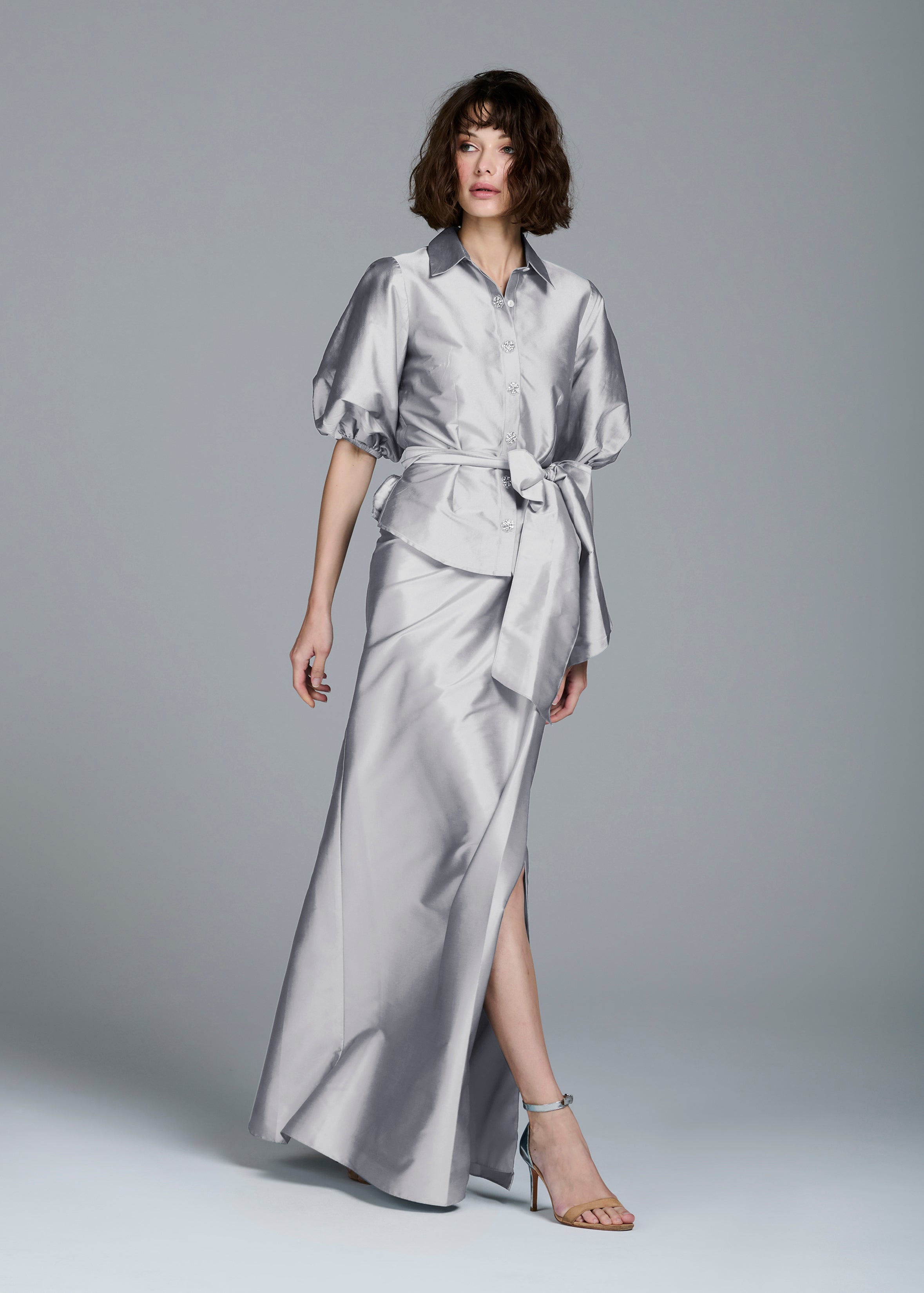 Soft Taffeta Faux Wrap Skirt Silver | Emily Shalant