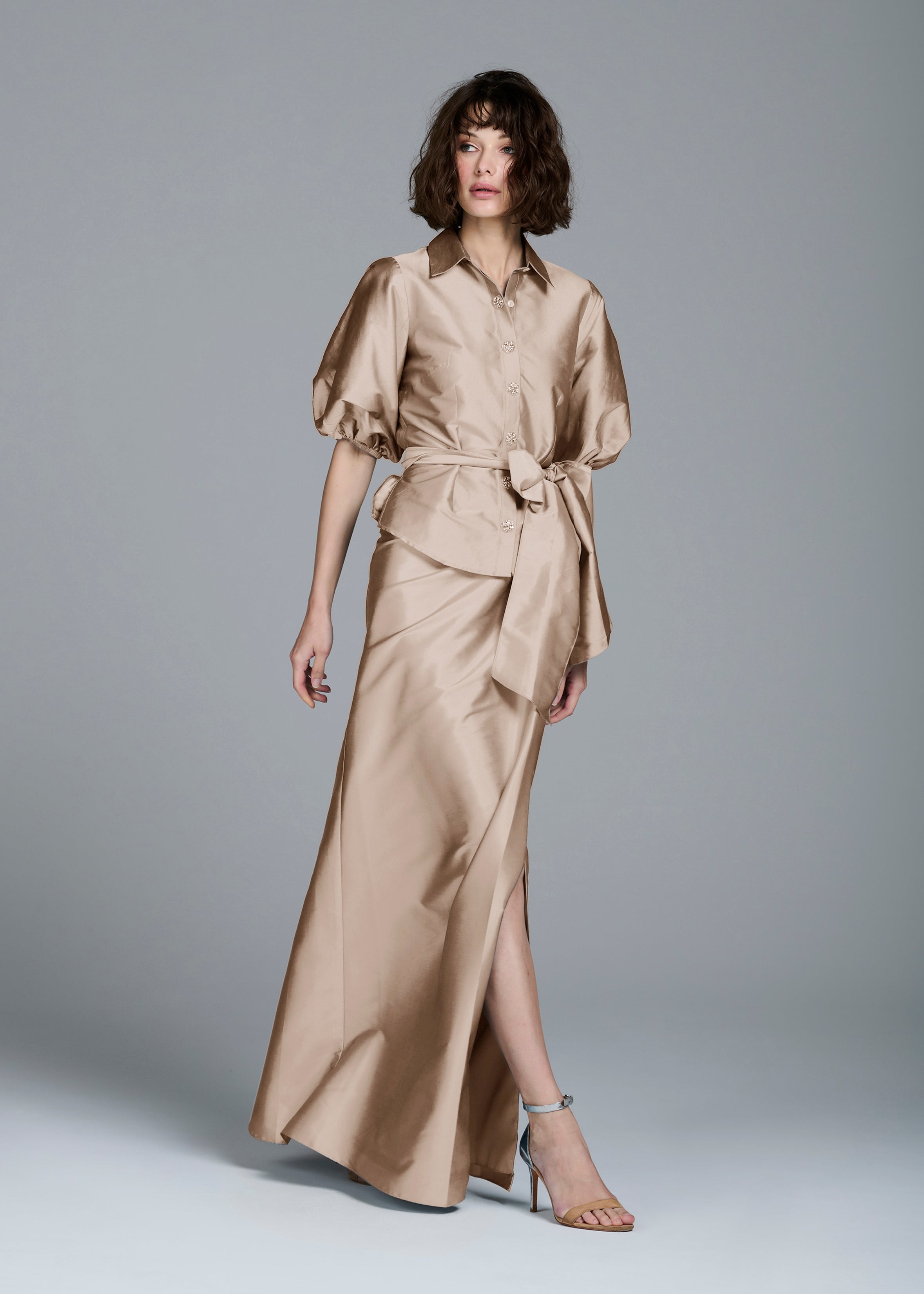 SOFT TAFFETA FAUX WRAP SKIRT SUNTAN