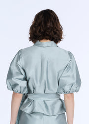 PUFF SLEEVE BLOUSE WITH FLORAL MEDALLION BUTTONS LIGHT BLUE
