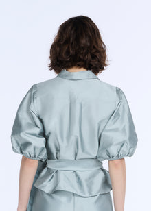 PUFF SLEEVE BLOUSE WITH FLORAL MEDALLION BUTTONS LIGHT BLUE