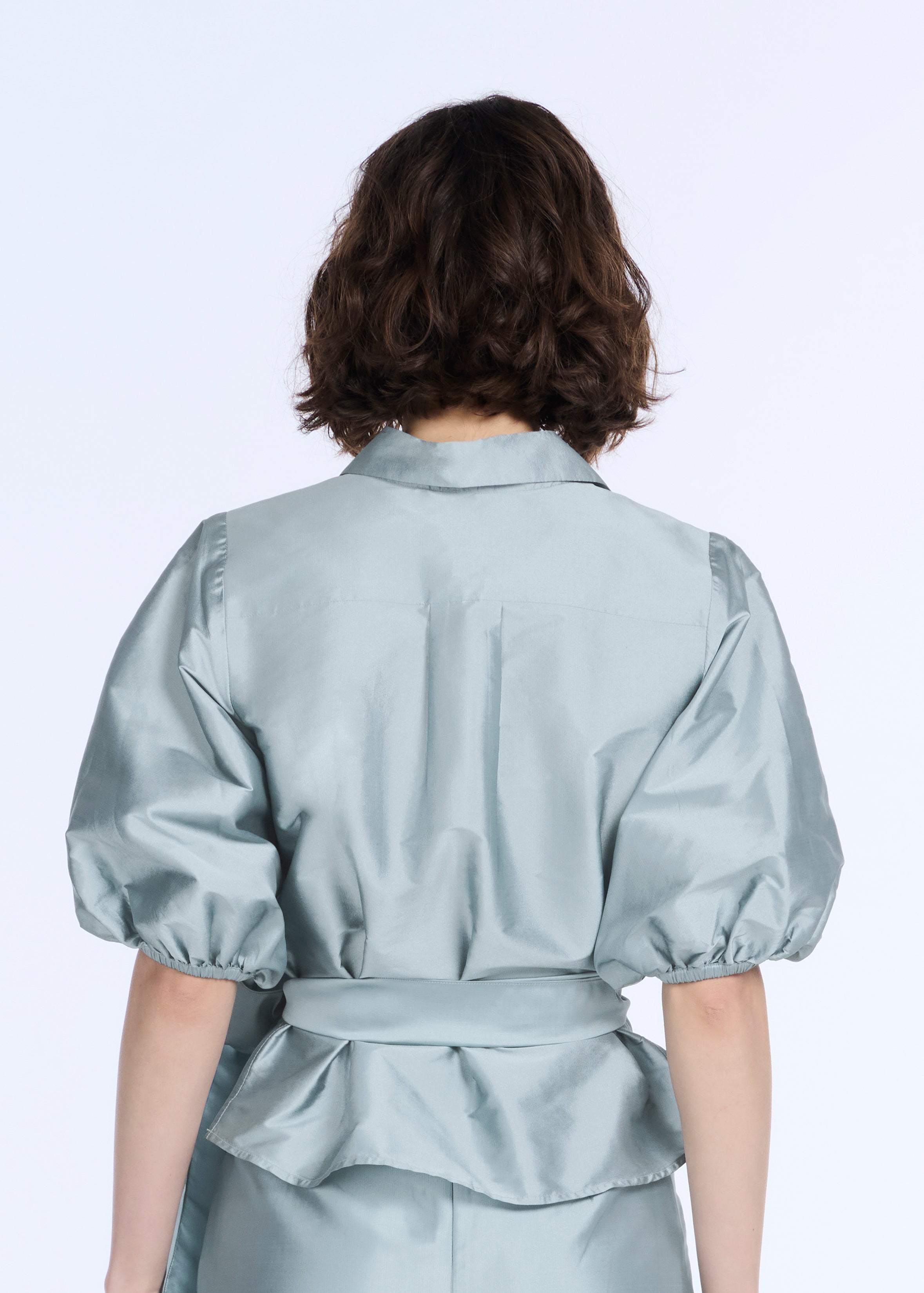 PUFF SLEEVE BLOUSE WITH FLORAL MEDALLION BUTTONS LIGHT BLUE
