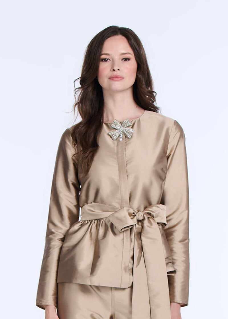 TAFFETA PRINCESS BLOUSE WITH CRYSTAL BOW SUNTAN