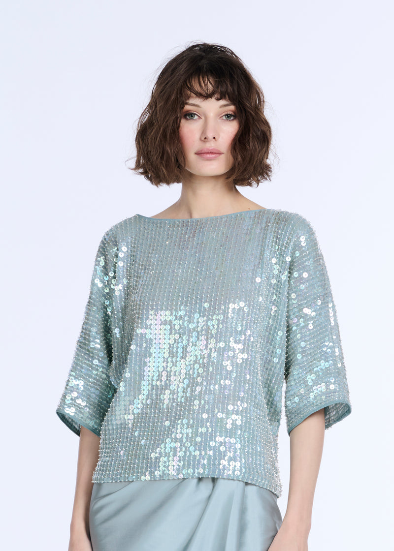 GLASS BEAD DOLMAN TOP LIGHT BLUE