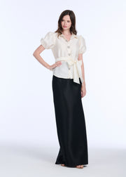 TAFFETA PUFF SLEEVE BLOUSE WITH CRYSTAL LOCKET HEART BUTTONS IVORY