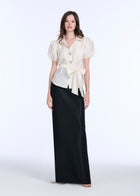TAFFETA PUFF SLEEVE BLOUSE WITH CRYSTAL BOW HEART BUTTONS IVORY