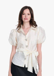 TAFFETA PUFF SLEEVE BLOUSE WITH CRYSTAL LOCKET HEART BUTTONS IVORY