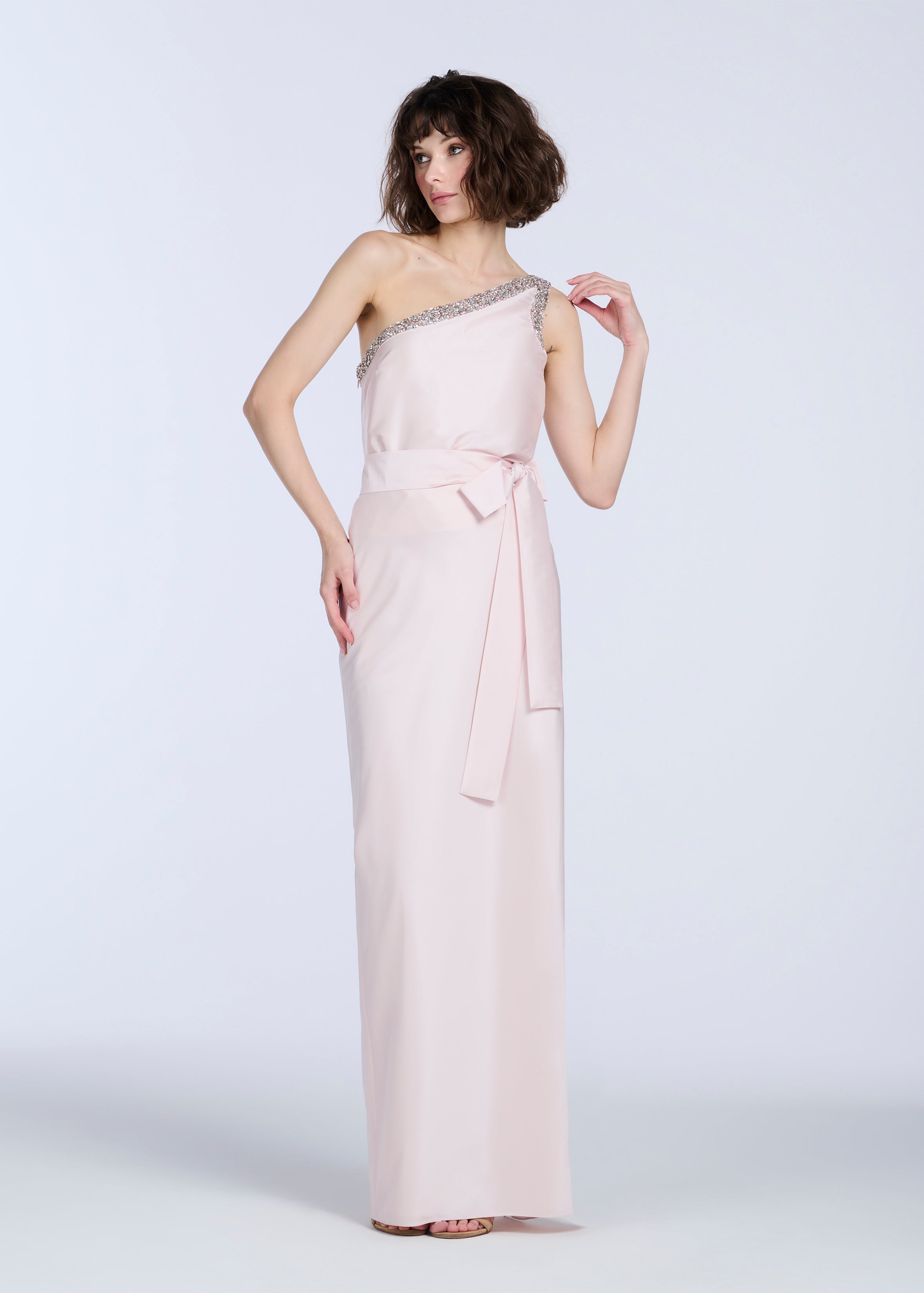 TAFFETA BIAS COLUMN SKIRT WITH SASH BLUSH
