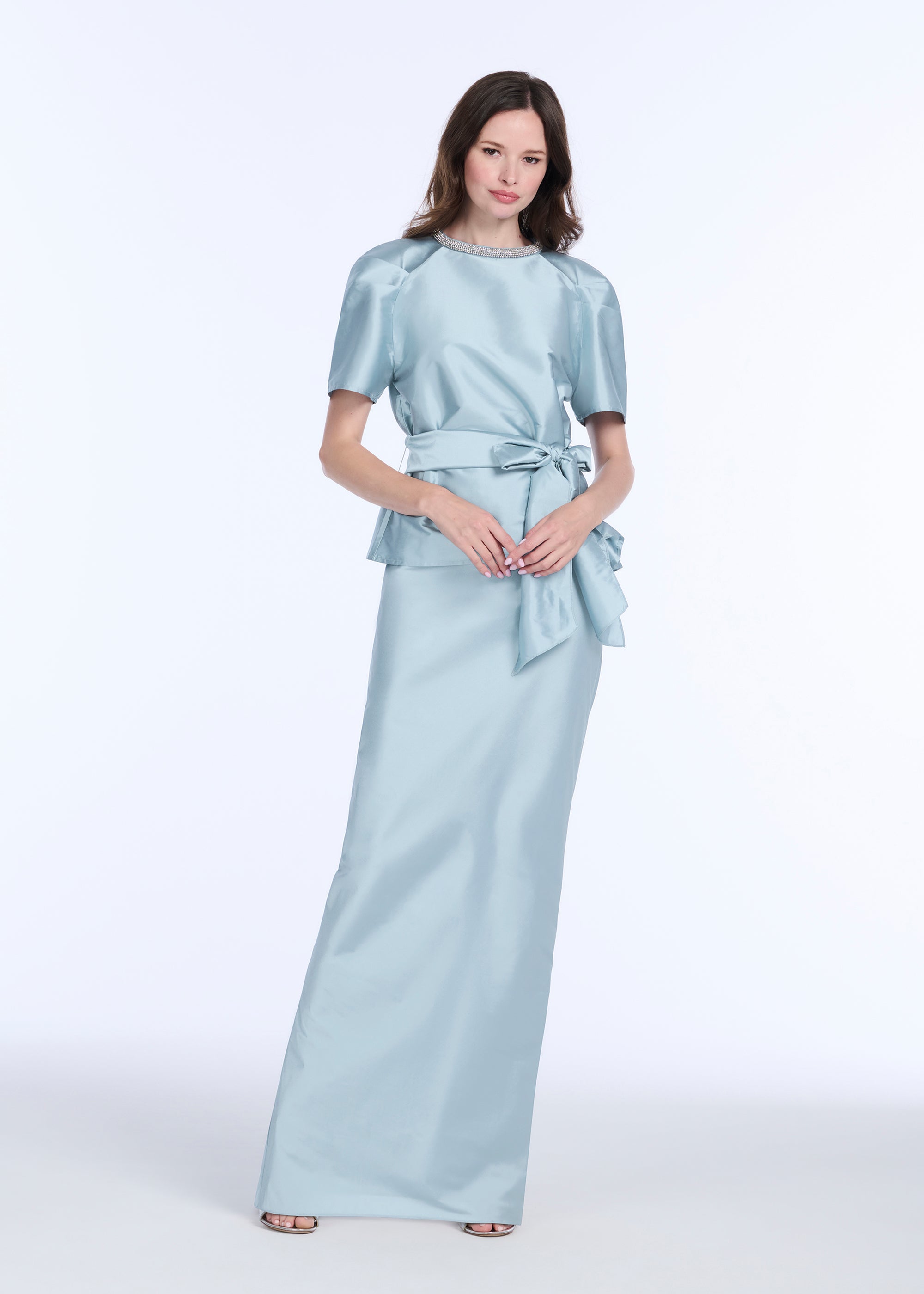 DRAPED TAFFETA BLOUSE WITH CRYSTAL NECKLACE LIGHT BLUE
