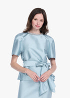 DRAPED TAFFETA BLOUSE WITH CRYSTAL NECKLACE LIGHT BLUE