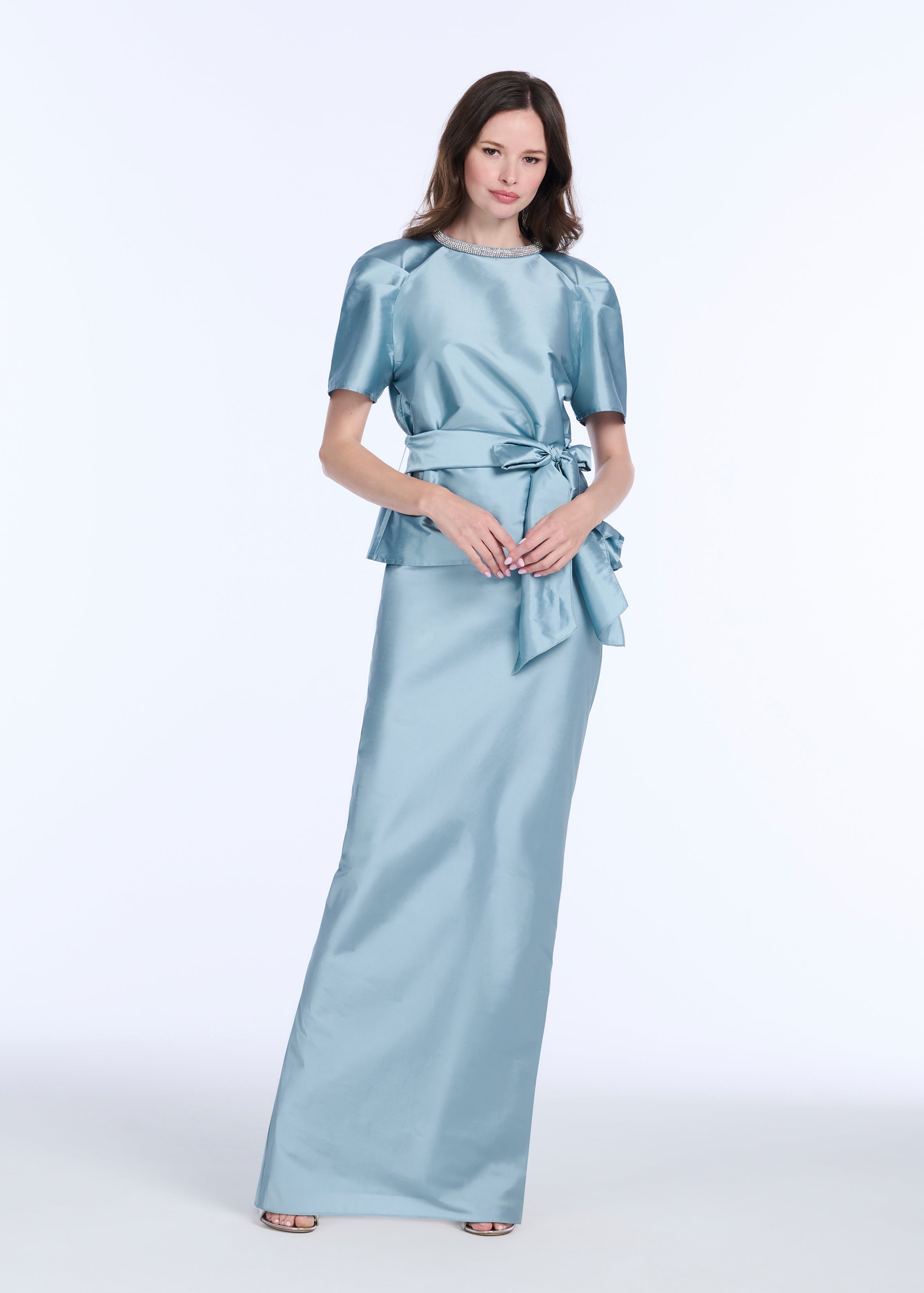 TAFFETA BIAS COLUMN SKIRT WITH SASH BLUSH