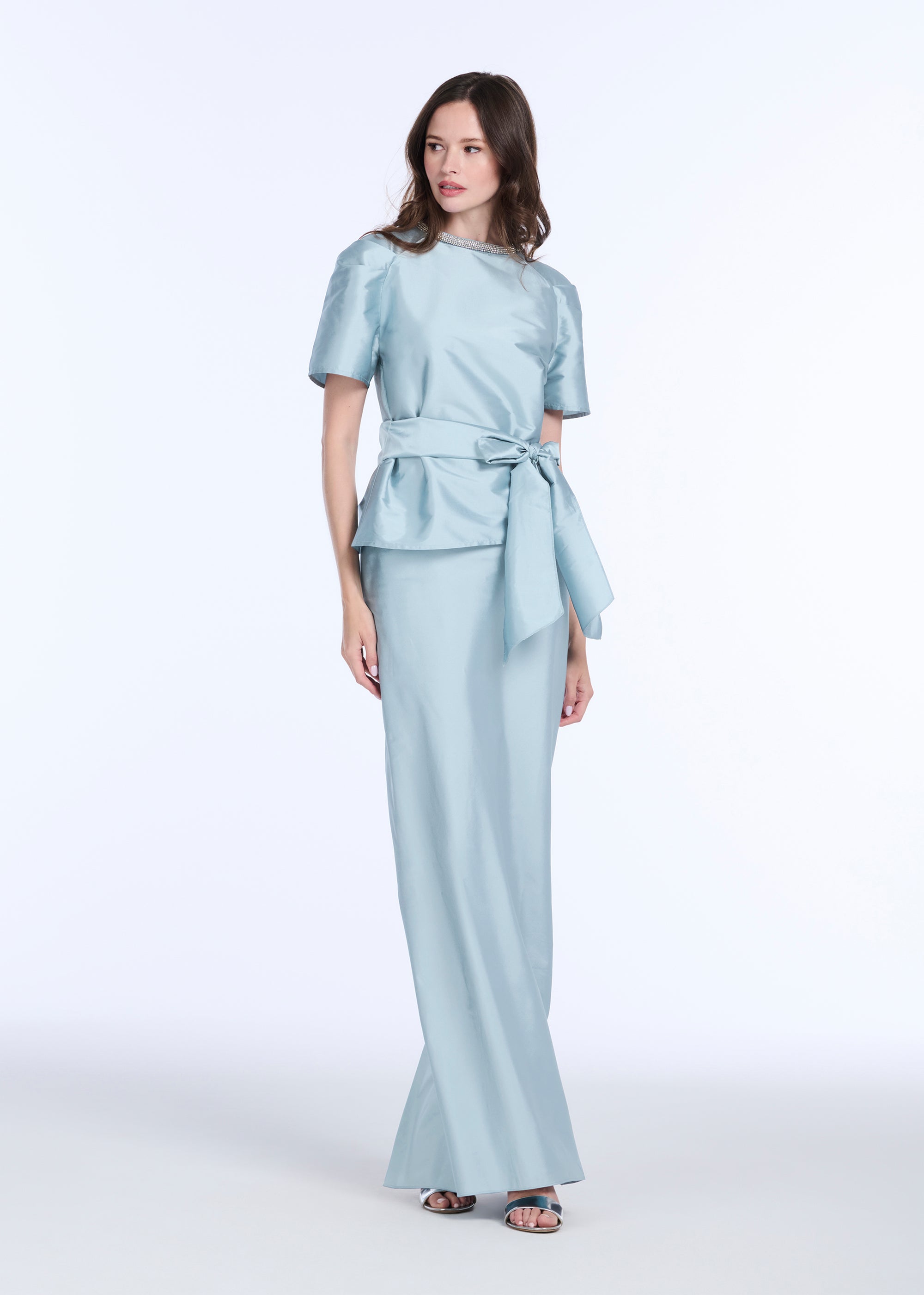 TAFFETA BIAS COLUMN SKIRT WITH SASH LIGHT BLUE