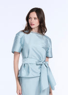 DRAPED TAFFETA BLOUSE WITH CRYSTAL NECKLACE LIGHT BLUE