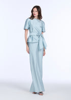DRAPED TAFFETA BLOUSE WITH CRYSTAL NECKLACE LIGHT BLUE