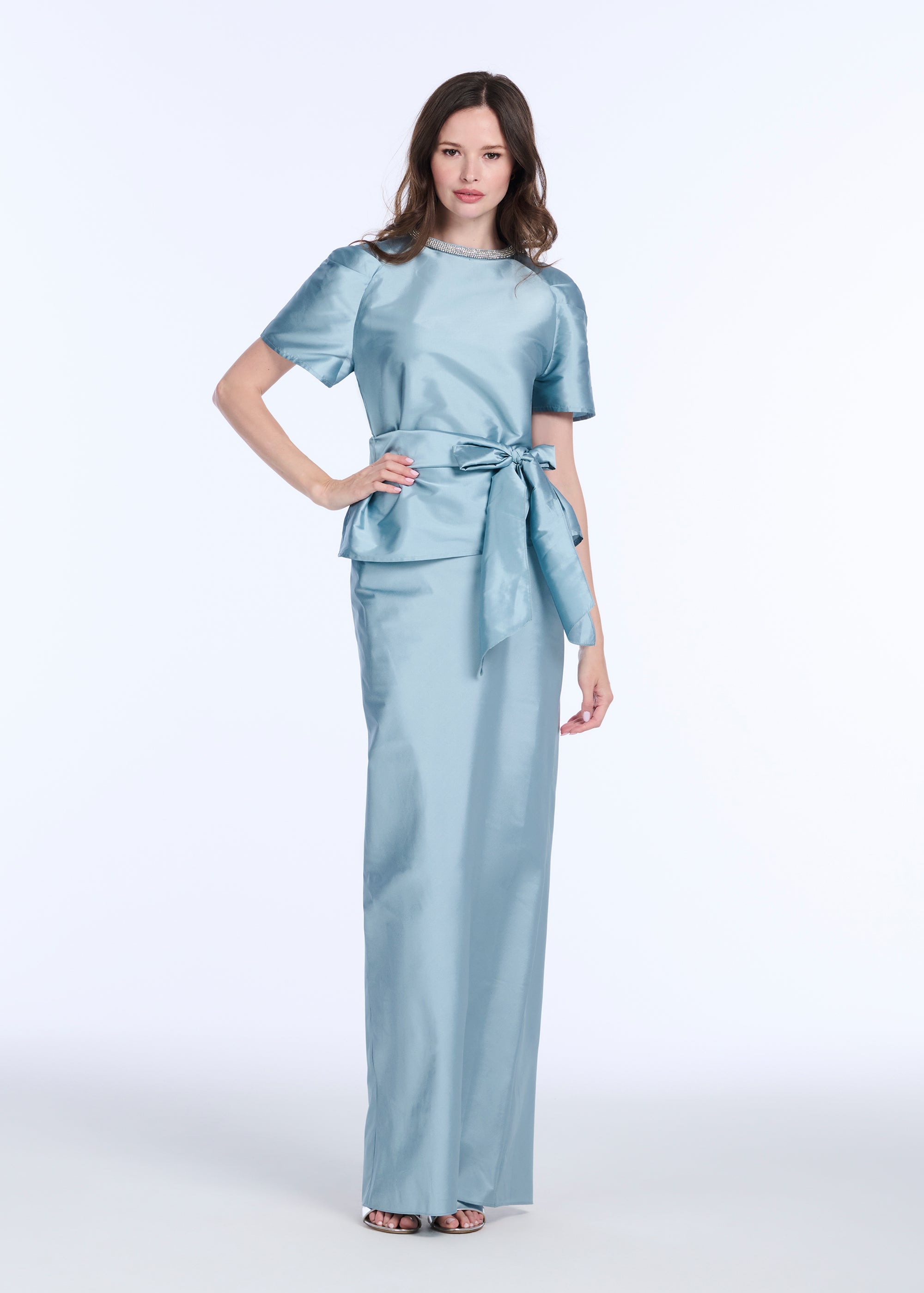 TAFFETA BIAS COLUMN SKIRT WITH SASH BLUSH