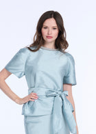 DRAPED TAFFETA BLOUSE WITH CRYSTAL NECKLACE LIGHT BLUE