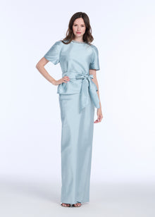 DRAPED TAFFETA BLOUSE WITH CRYSTAL NECKLACE LIGHT BLUE