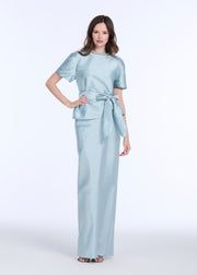 TAFFETA BIAS COLUMN SKIRT WITH SASH LIGHT BLUE