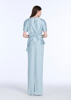 DRAPED TAFFETA BLOUSE WITH CRYSTAL NECKLACE LIGHT BLUE