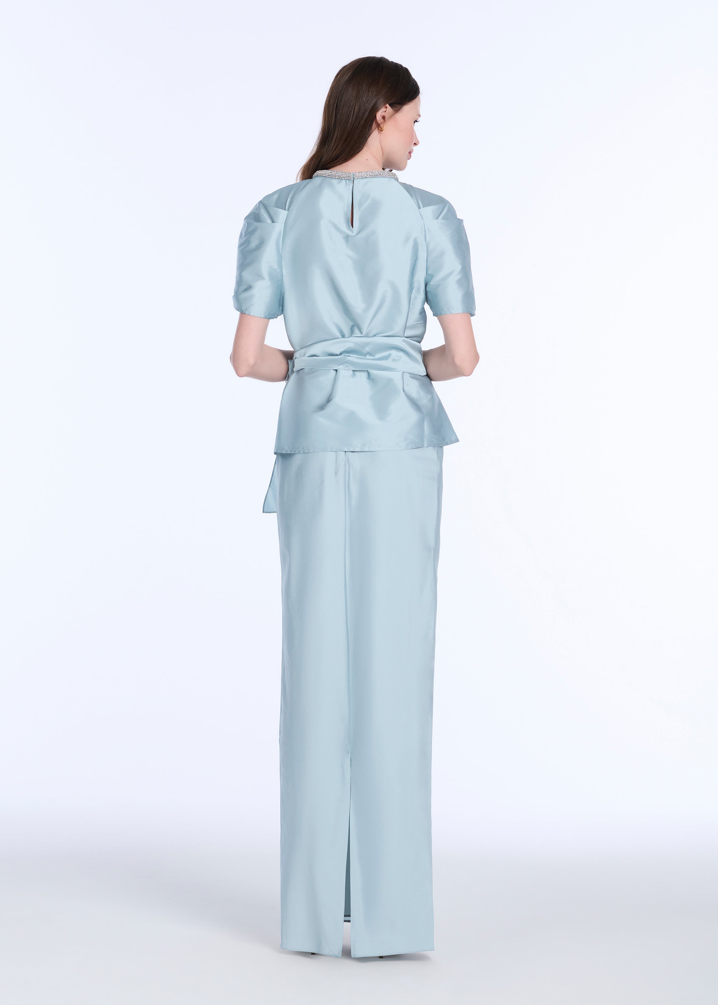 DRAPED TAFFETA BLOUSE WITH CRYSTAL NECKLACE LIGHT BLUE