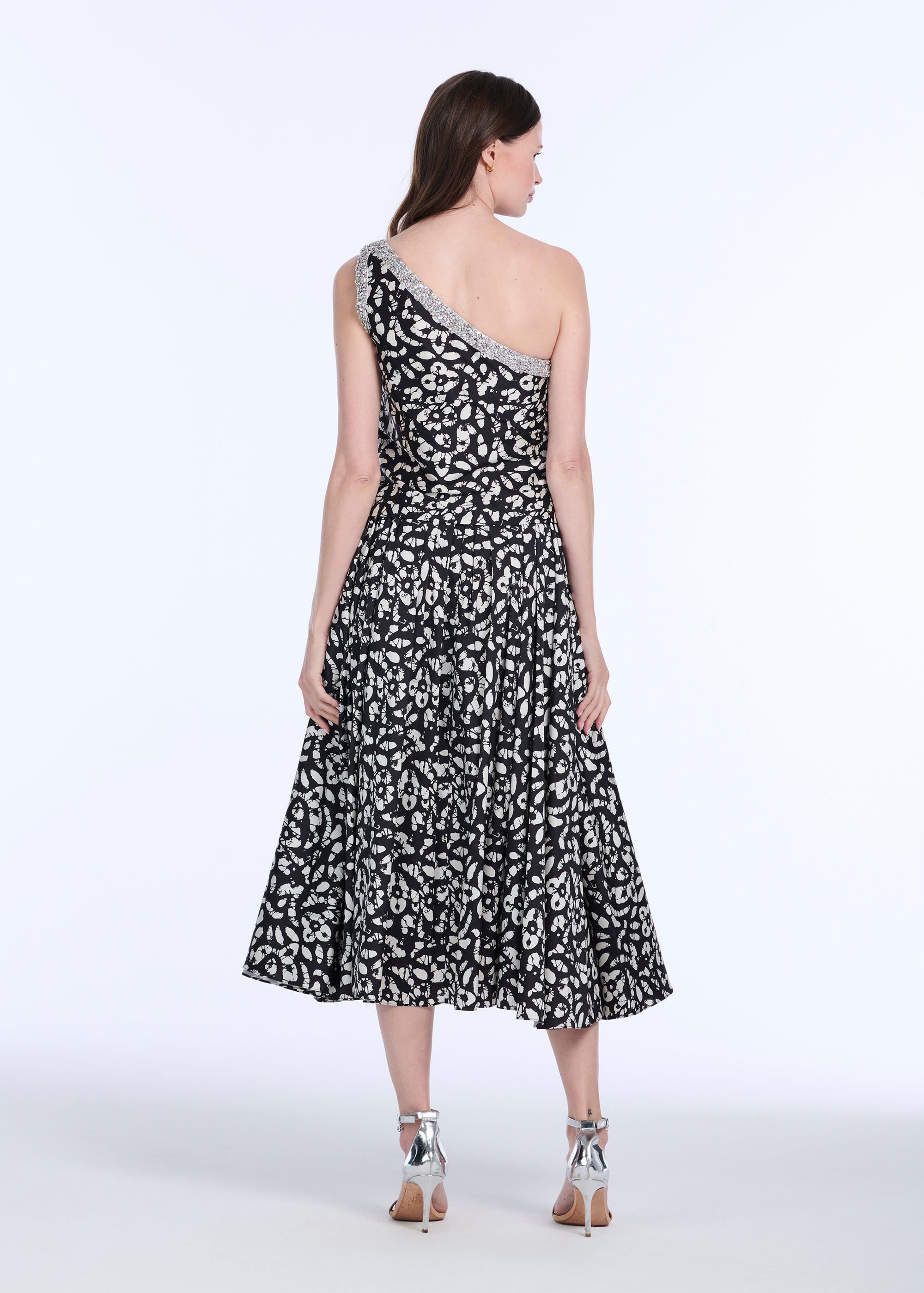 CRYSTAL TRIMMED ONE SHOULDER GRAPHIC PRINT BLOUSE IN BATIK PRINT