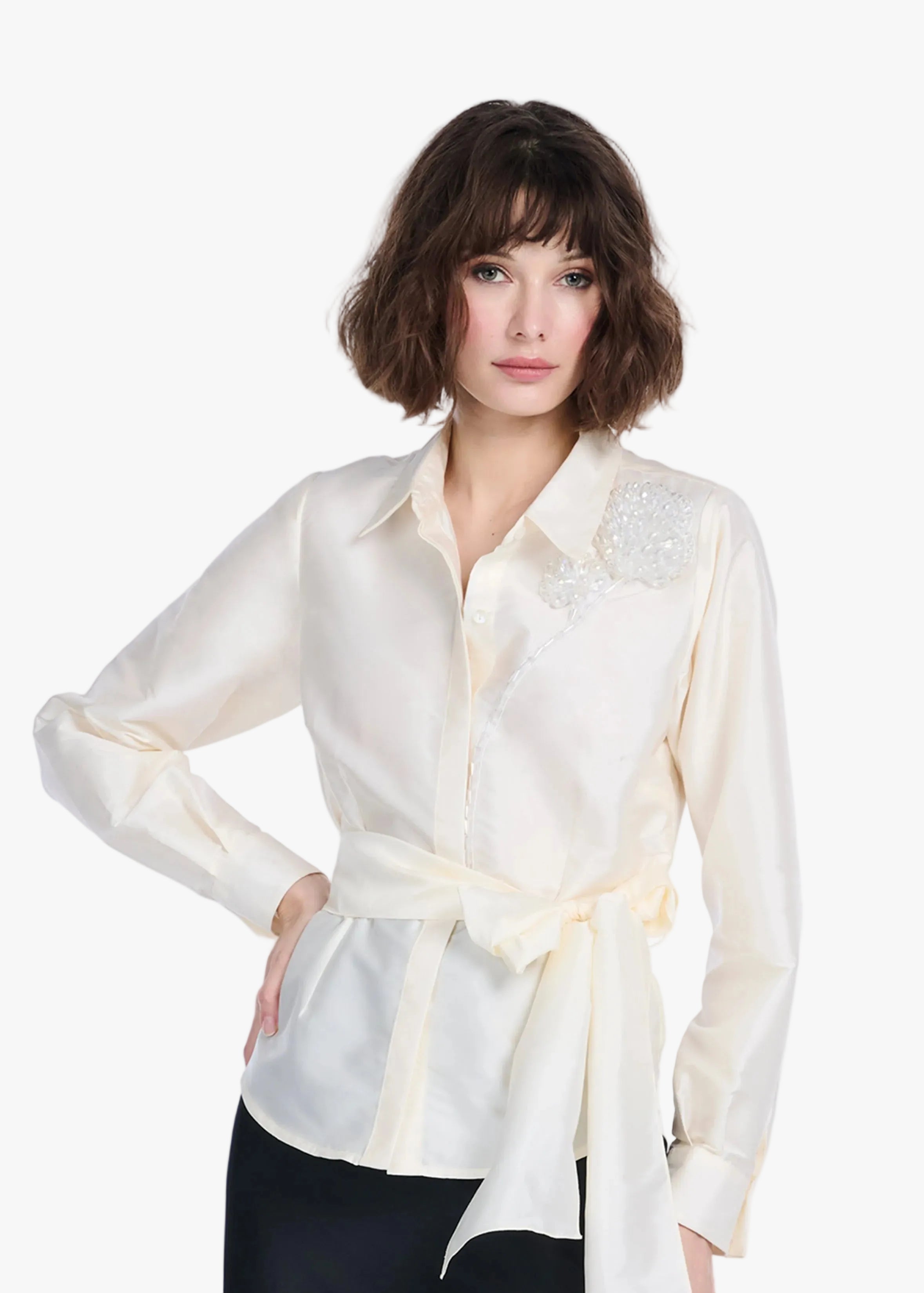 TAFFETA BLOUSE WITH CRYSTAL PEONY IVORY