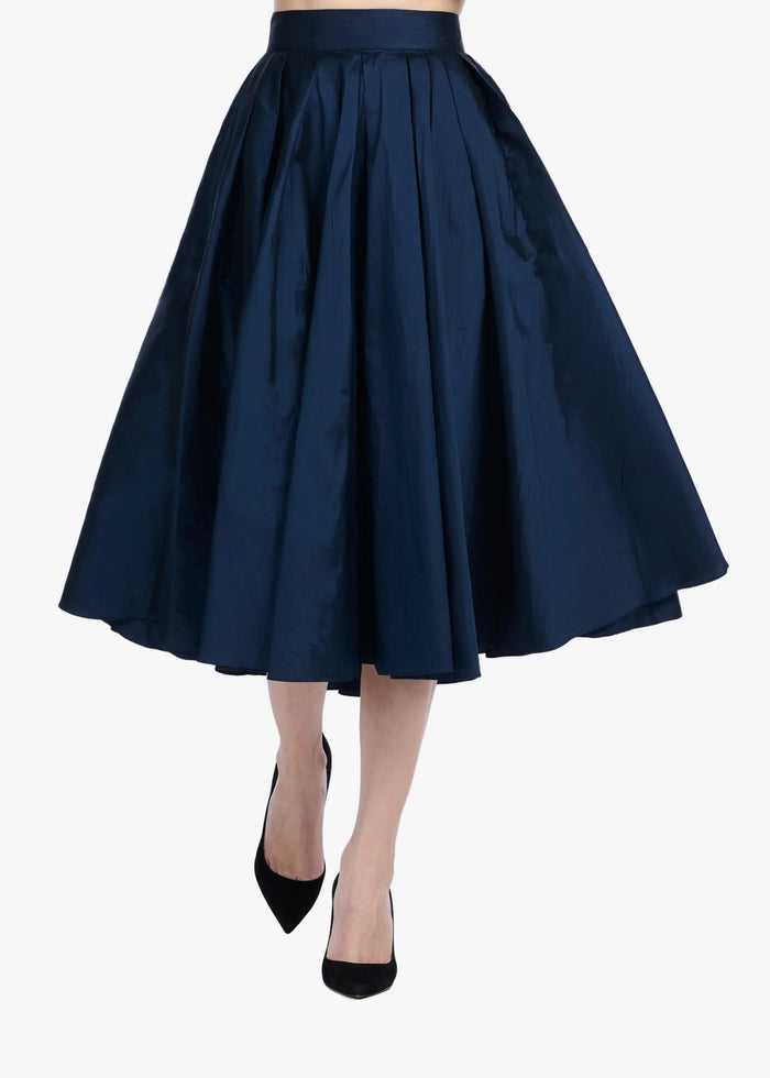 Tea Length Pleated Soft Taffeta Midi Skirt Navy