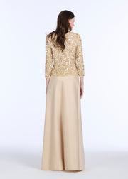 FLORAL 3/4 SLEEVE  HAND BEADED PAILETTE TOP CHAMPAGNE