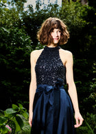 STRETCH GLASS BEADED MOCK NECK GOWN WITH TAFFETA SKIRT NAVY