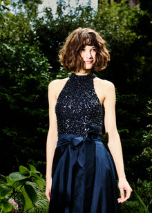 STRETCH GLASS BEADED MOCK NECK GOWN WITH TAFFETA SKIRT NAVY