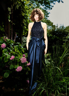STRETCH GLASS BEADED MOCK NECK GOWN WITH TAFFETA SKIRT NAVY