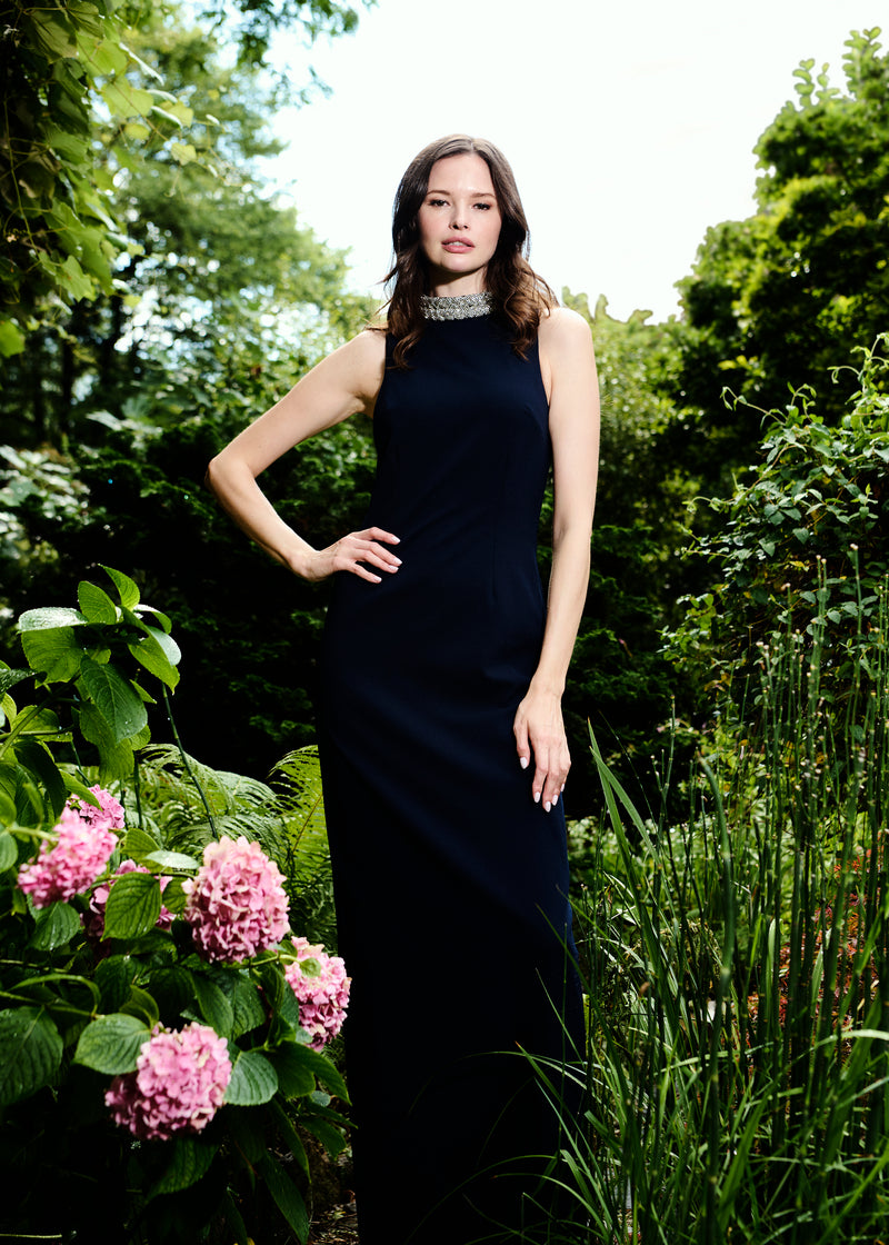 BRAIDED NECK STRETCH CREPE GOWN MIDNIGHT