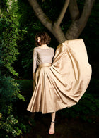 TEA LENGTH PLEATED SOFT TAFFETA MIDI SKIRT SUNTAN