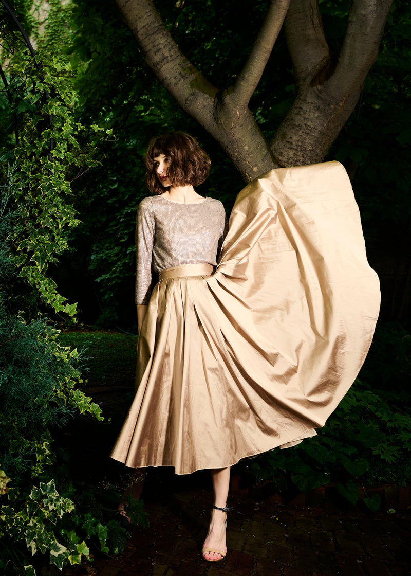 TEA LENGTH PLEATED SOFT TAFFETA MIDI SKIRT SUNTAN