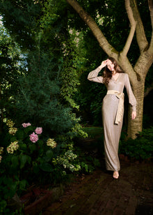 SEQUIN VNECK GOWN WITH BLOUSON SLEEVE PLATINUM