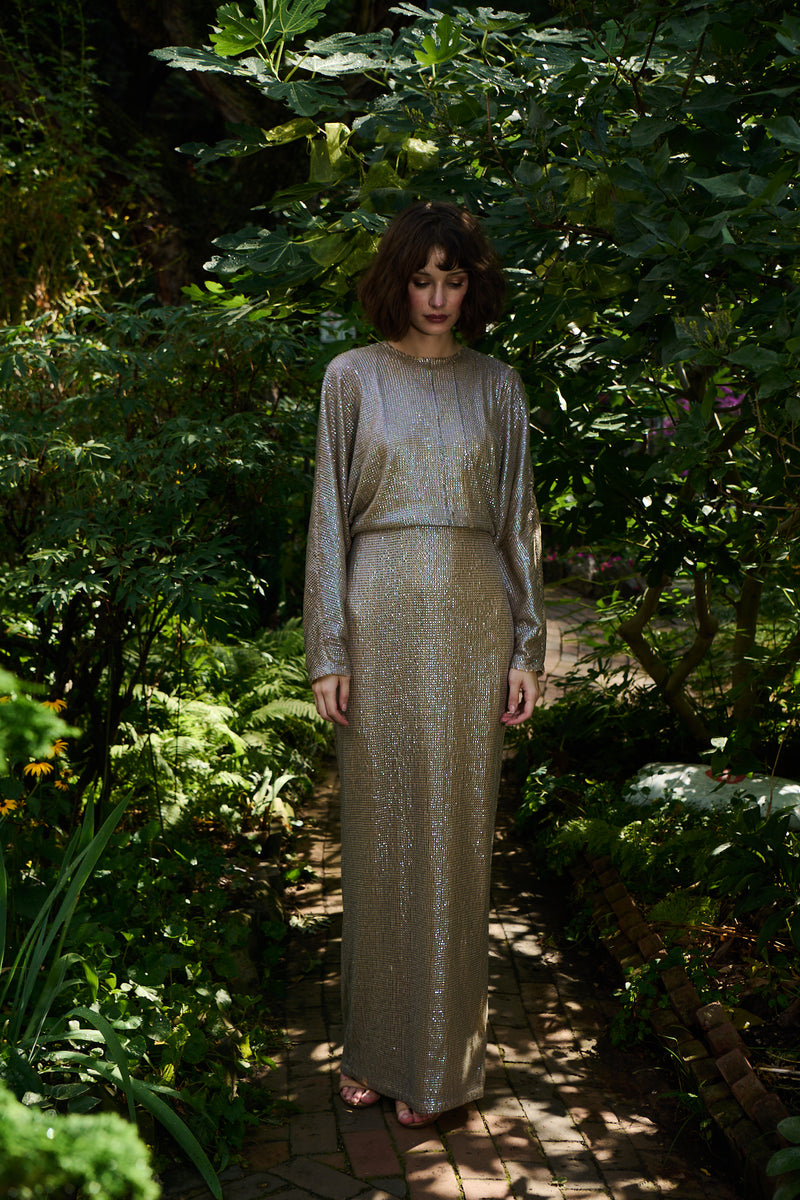 DOME SEQUIN DOLMAN SLEEVE BLOUSON GOWN SANDSTONE