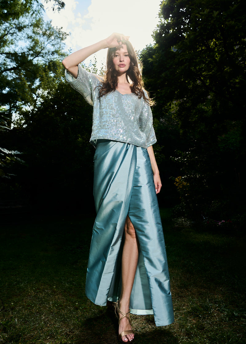 SOFT TAFFETA FAUX WRAP SKIRT LIGHT BLUE