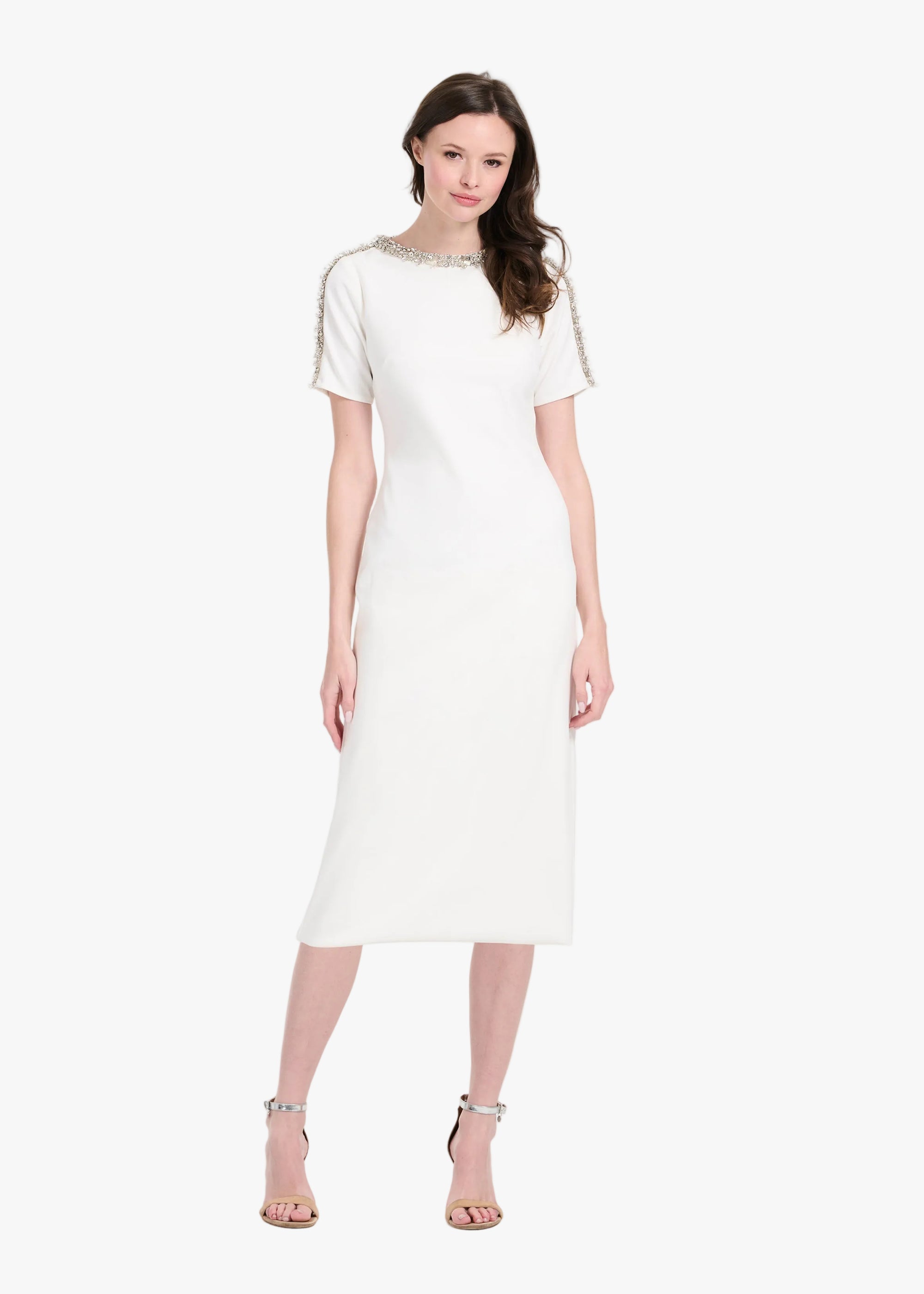 stretch crepe midi dress Women's Stretch Crepe Bardot Column Midi Dress, Pink