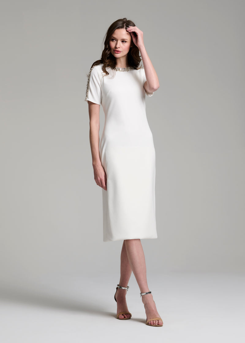 STRETCH CREPE MOCKNECK MIDI WITH CRYSTALS IVORY